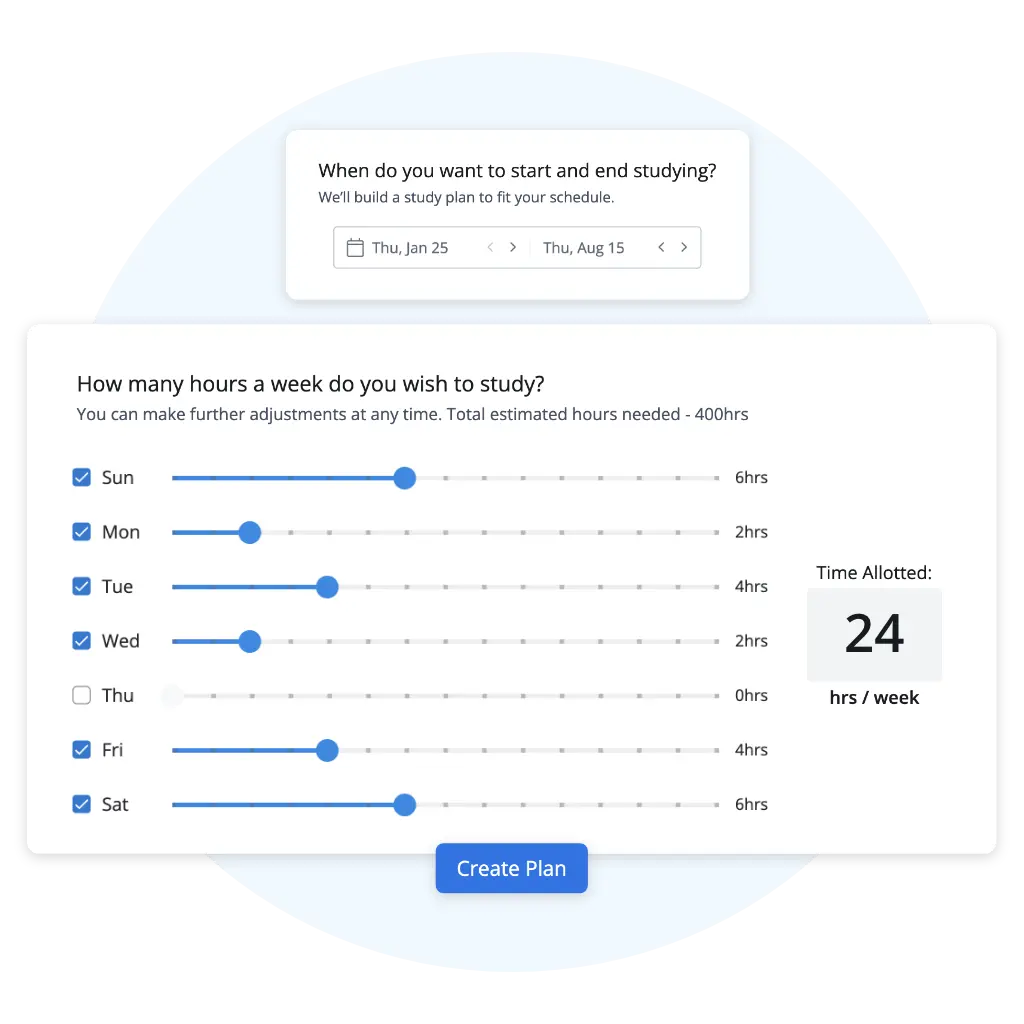 UWorld's Dynamic Study Planner interface with options to allocate a certain number of hours of study for each day of the week.